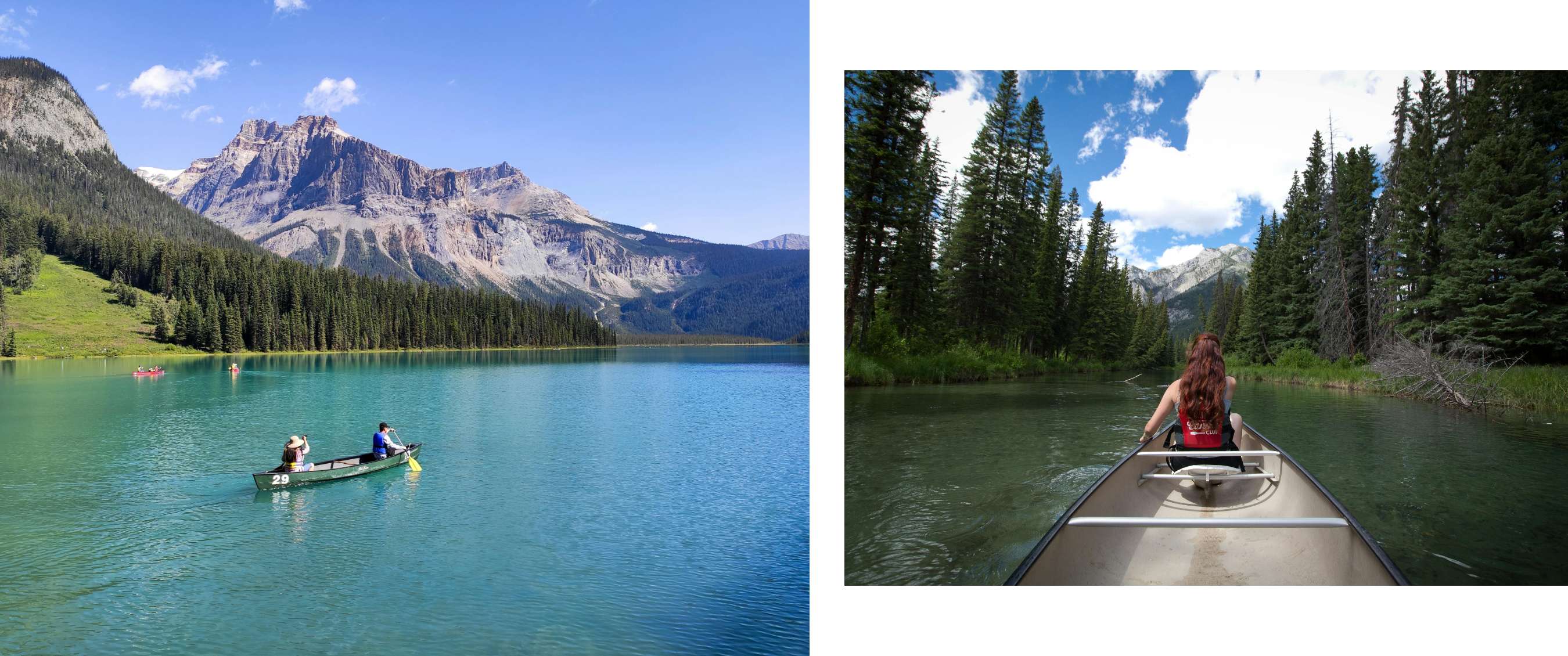 Beeld links <Twee mensen kanoën op een helderblauw bergmeer met hoge rotspartijen op de achtergrond.> Beeld rechts <Vrouw met lang rood haar peddelt door een smalle rivier omgeven door dennenbomen.>