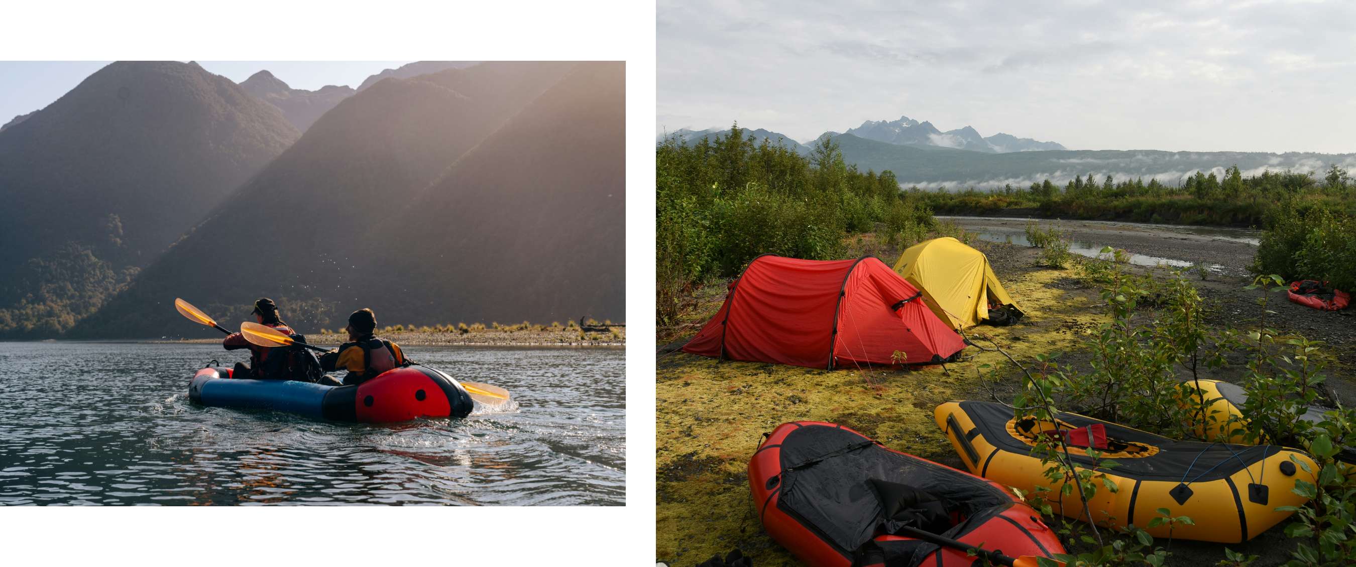Beeld links <Twee packrafters met gele peddels varen synchroon over het water met zonlicht op de berghellingen.> Beeld rechts <Kampeerplek aan een rivier met rode en gele tenten en packrafts, met mistige bergen op de achtergrond.>