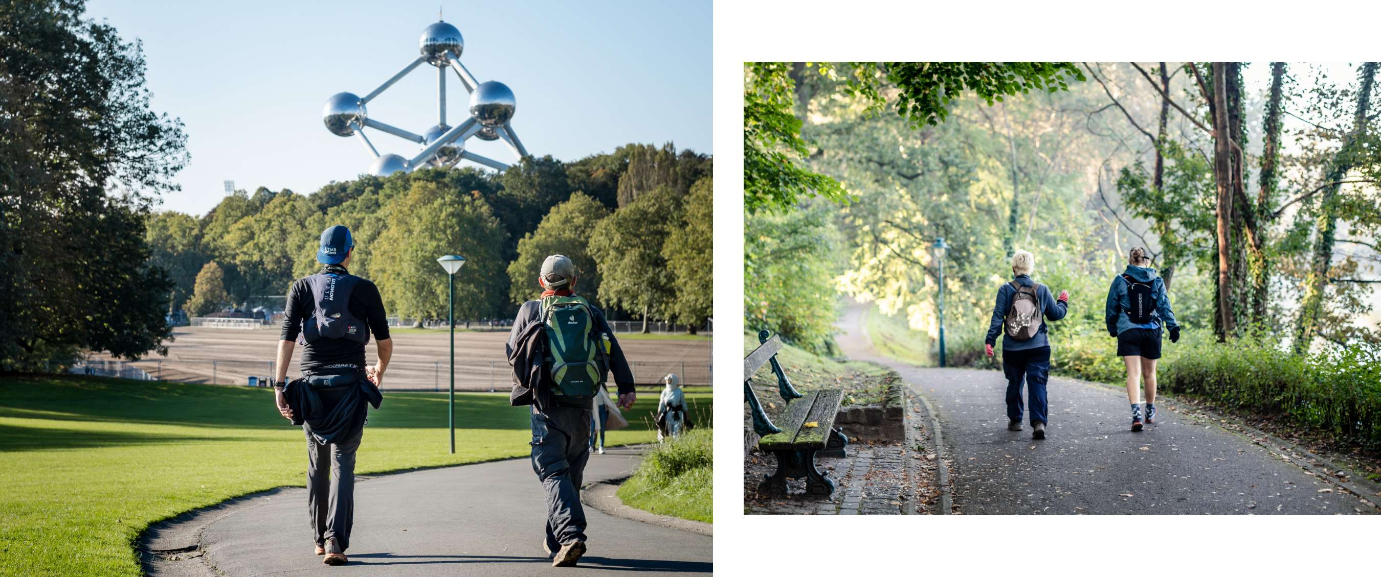 Twee wandelaars lopen richting het Atomium in Brussel tijdens de Brussels 60.