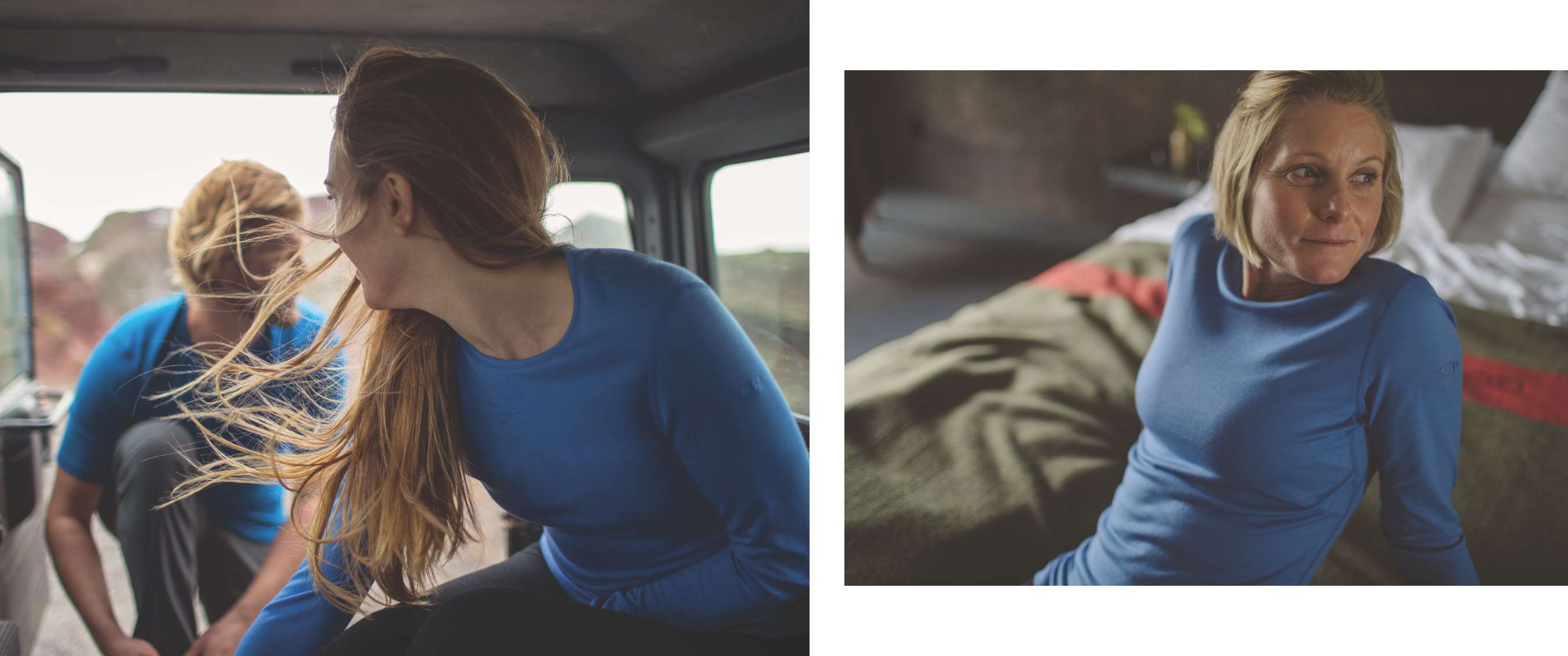 Links, vrouw met lange, wapperende haren en blauw thermisch ondergoed zit in een busje en kijkt achterom naar een blonde man die op de achtergrond zijn veters strikt. Rechts, vrouw met kort blond haar en een blauw thermisch shirt leunt achterover op een opgemaakt bed.