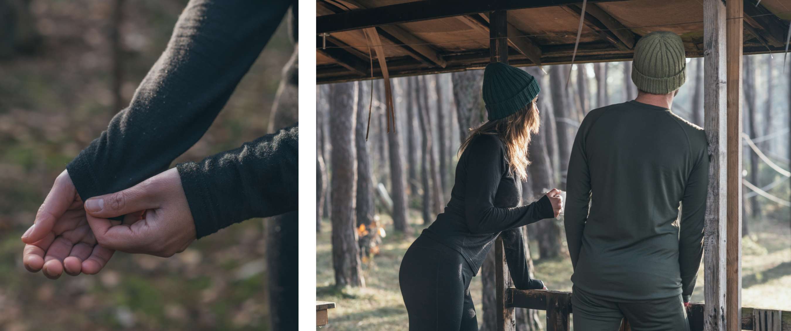 Links, de ene hand trekt de lange mouwen van het donkergrijze thermisch ondergoed uit merinowol tot over de andere hand.  Rechts, Een man en een vrouw kijken gehuld in zwart thermisch ondergoed en een wollen muts vanop de veranda naar het bos op de achtergrond. 