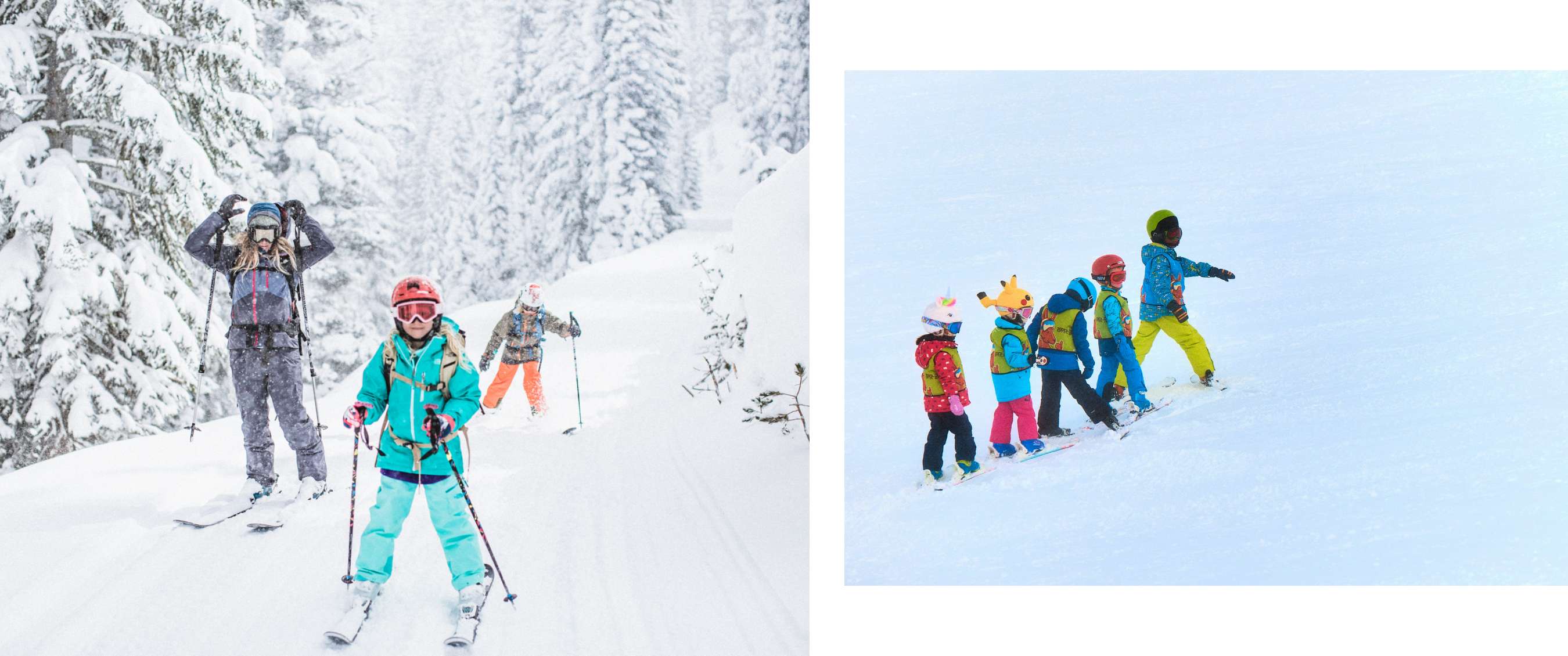 beeld 1: Een persoon en twee kinderen met ski-uitrusting op een besneeuwd pad omringd door besneeuwde bomen. beeld 2: : Een rij van vier kinderen, gekleed in kleurrijke ski-uitrusting, volgt een instructeur omhoog op een besneeuwde helling.