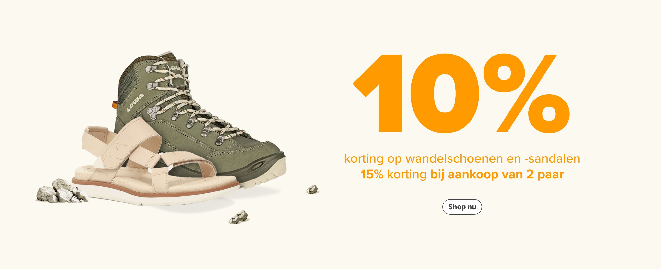 10% korting op wandelschoenen en sandalen -15% bij aankoop van 2 paar